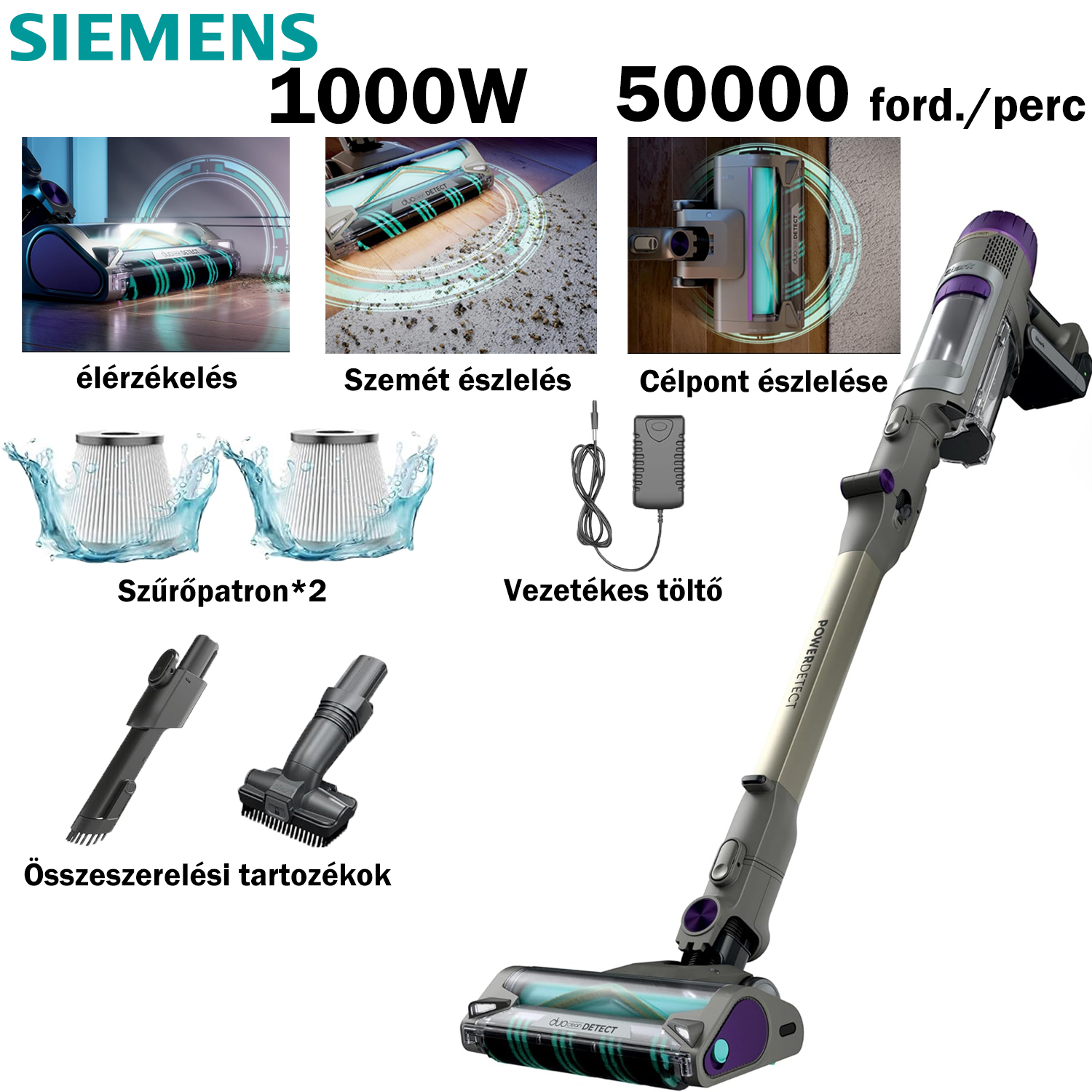 [A Siemens legújabb, többfunkciós intelligens vákuum- és felmosógépe] 1000W/18000Pa, 50000 ford./perc kefe nélküli motor + élérzékelés + célérzékelés + szűrő*2 + vezetékes töltő + szennyeződésészlelés, amely intelligensen képes megkülönböztetni a szilárd anyagokat és a folyadékokat Szemétváltásos tisztítási mód + tisztítótartozékok*2 + összecsukható technológia