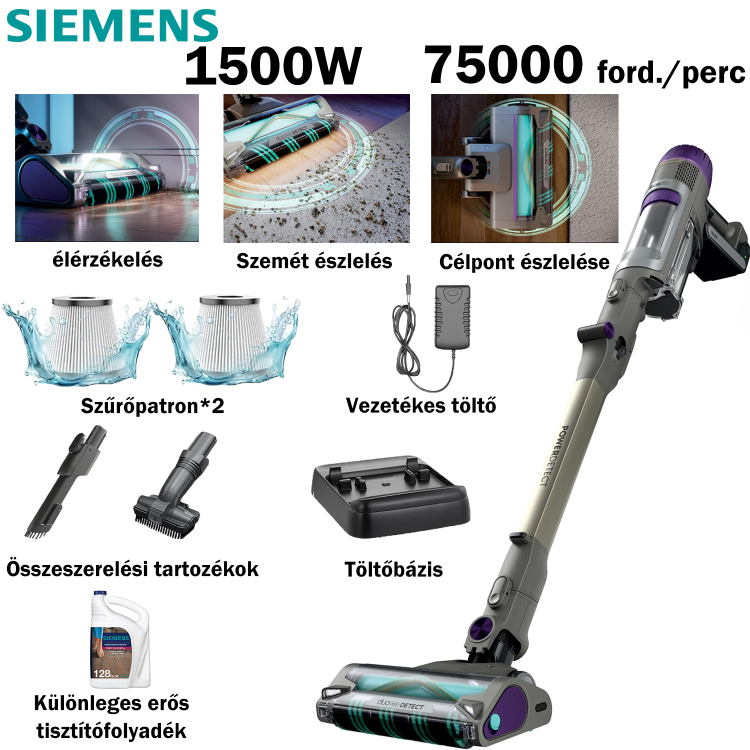 [A Siemens legújabb, többfunkciós intelligens vákuum- és felmosógépe] 1500 W/27000Pa, 75000 ford./perc kefe nélküli motor + élérzékelés + célérzékelés + szűrő*2 + vezetékes töltő + szennyeződésészlelés, amely intelligensen képes megkülönböztetni a szilárd anyagokat és a folyadékokat Szemetes kapcsoló tisztítási mód + tisztítótartozékok*2 + összecsukható technológia + vezeték nélküli töltőalap + Siemens tisztítófolyadék